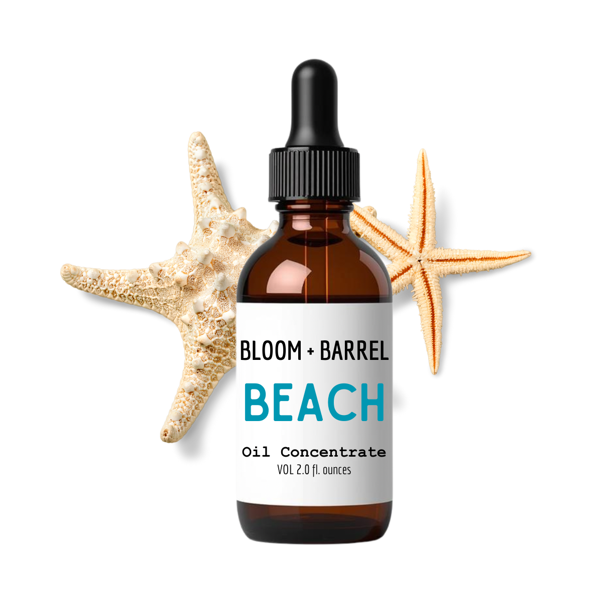 Bottle of Bloom + Barrel Beach Oil Concentrate with starfish on a white background
