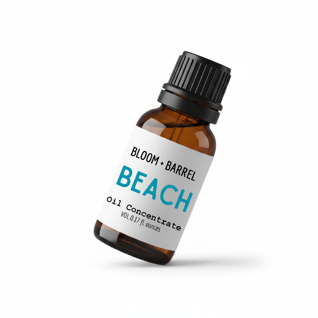 Bottle of Bloom & Barrel Beach oil concentrate on a white background