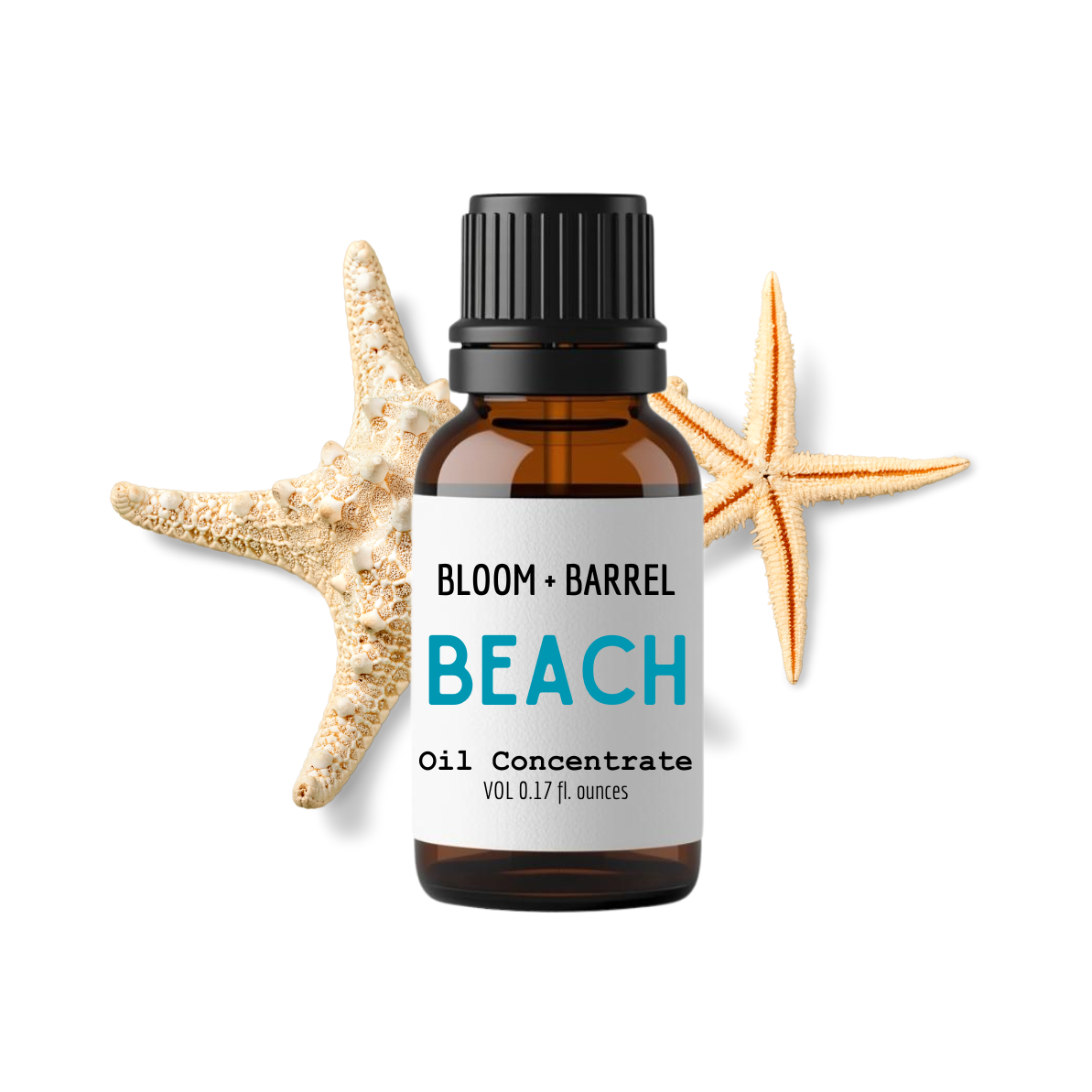 Bottle of Bloom & Barrel Beach Oil Concentrate with starfish on a white background