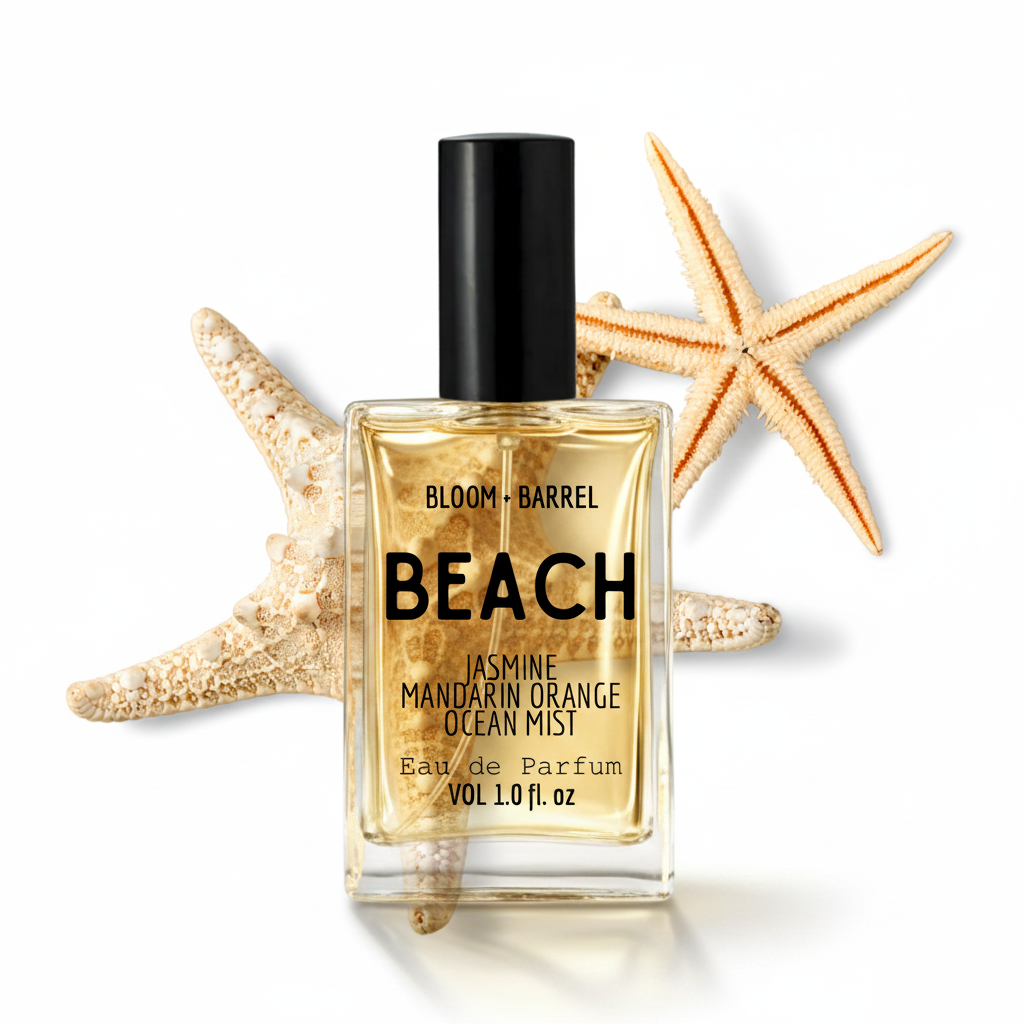 Perfume bottle labeled 'Beach' with starfish on a white background