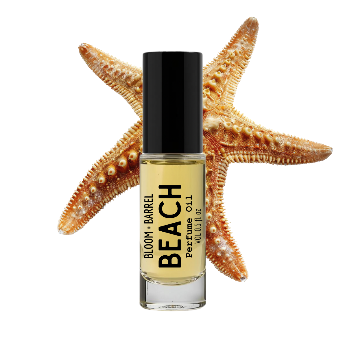 Perfume bottle labeled 'Beach' by Bloom & Barrel with a starfish on a white background