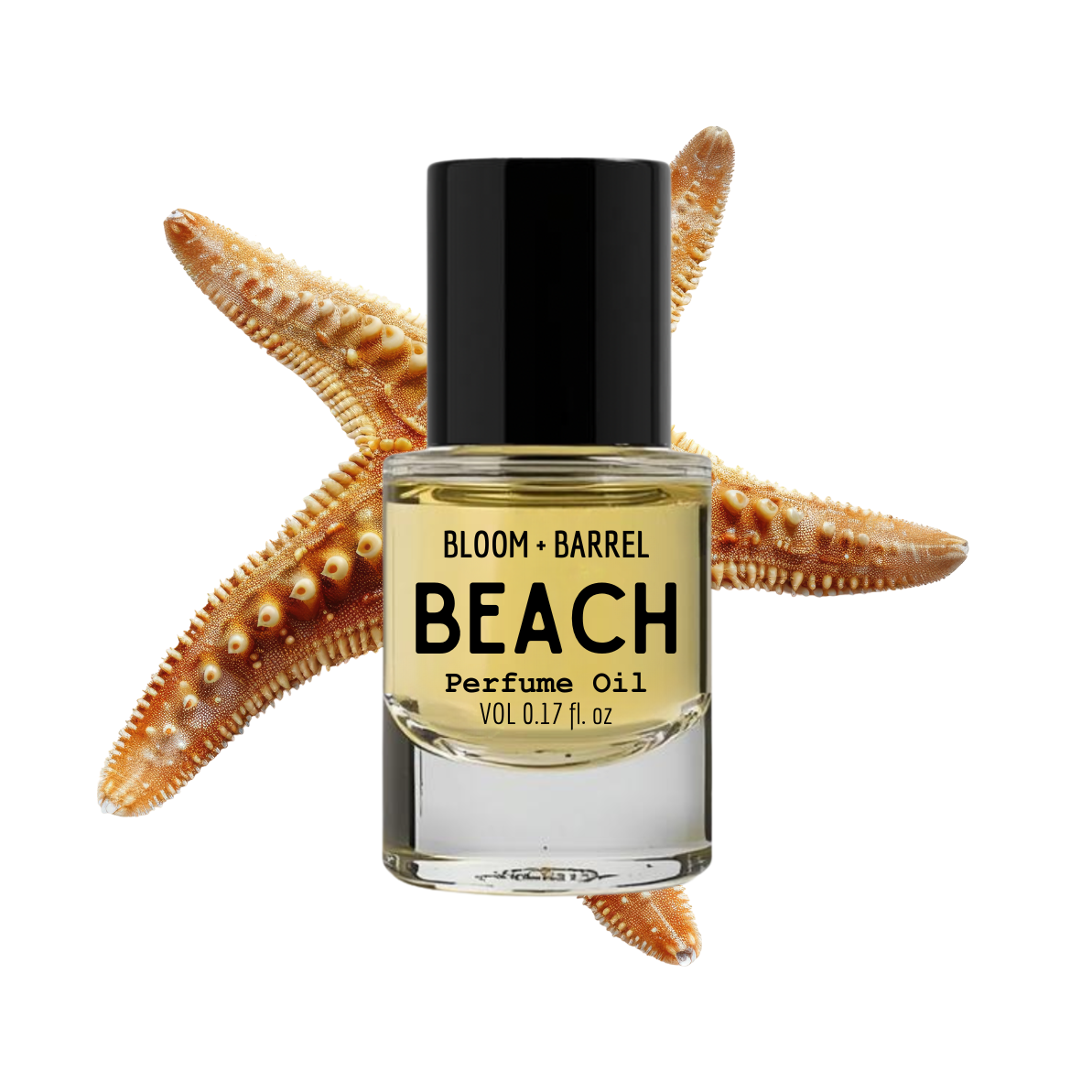 Perfume oil bottle labeled 'Beach' with starfish on a white background