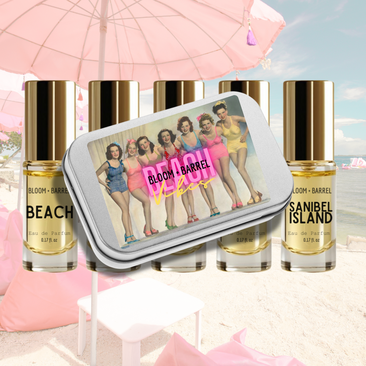 Perfume bottles with a tin featuring vintage-style women on a beach-themed background