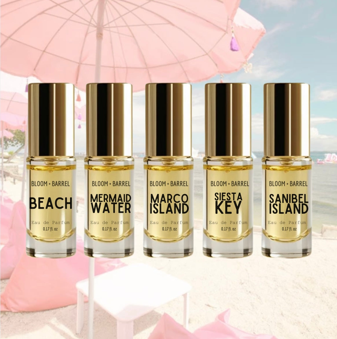 Five bottles of Bloom & Barrel eau de parfum with scenic background