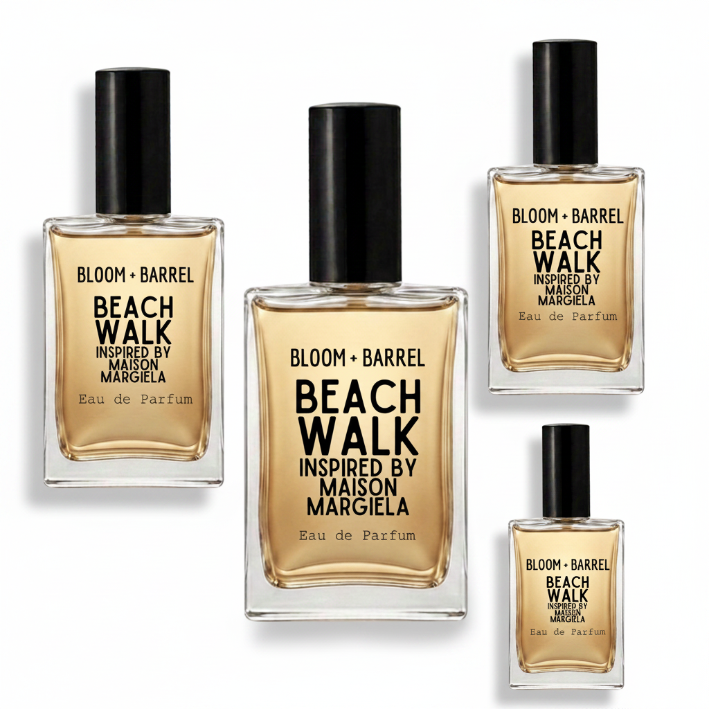 Four bottles of Bloom + Barrel Beach Walk Inspired By Maison Margiela Eau de Parfum in various sizes, arranged on a plain white background.
