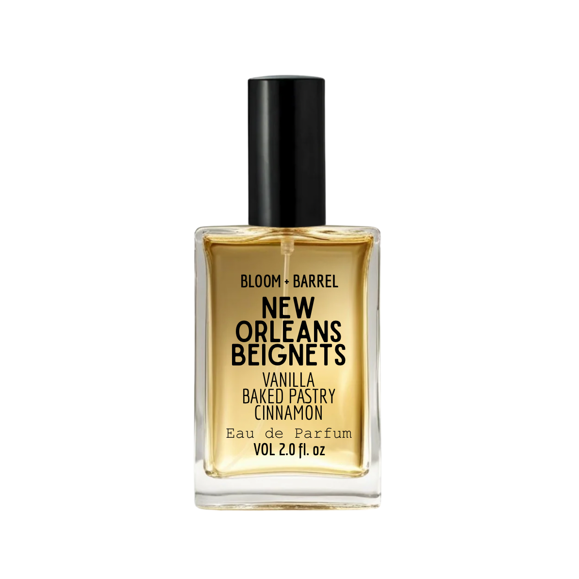 Perfume bottle labeled 'beignets' by Bloom & Barrel on a white background