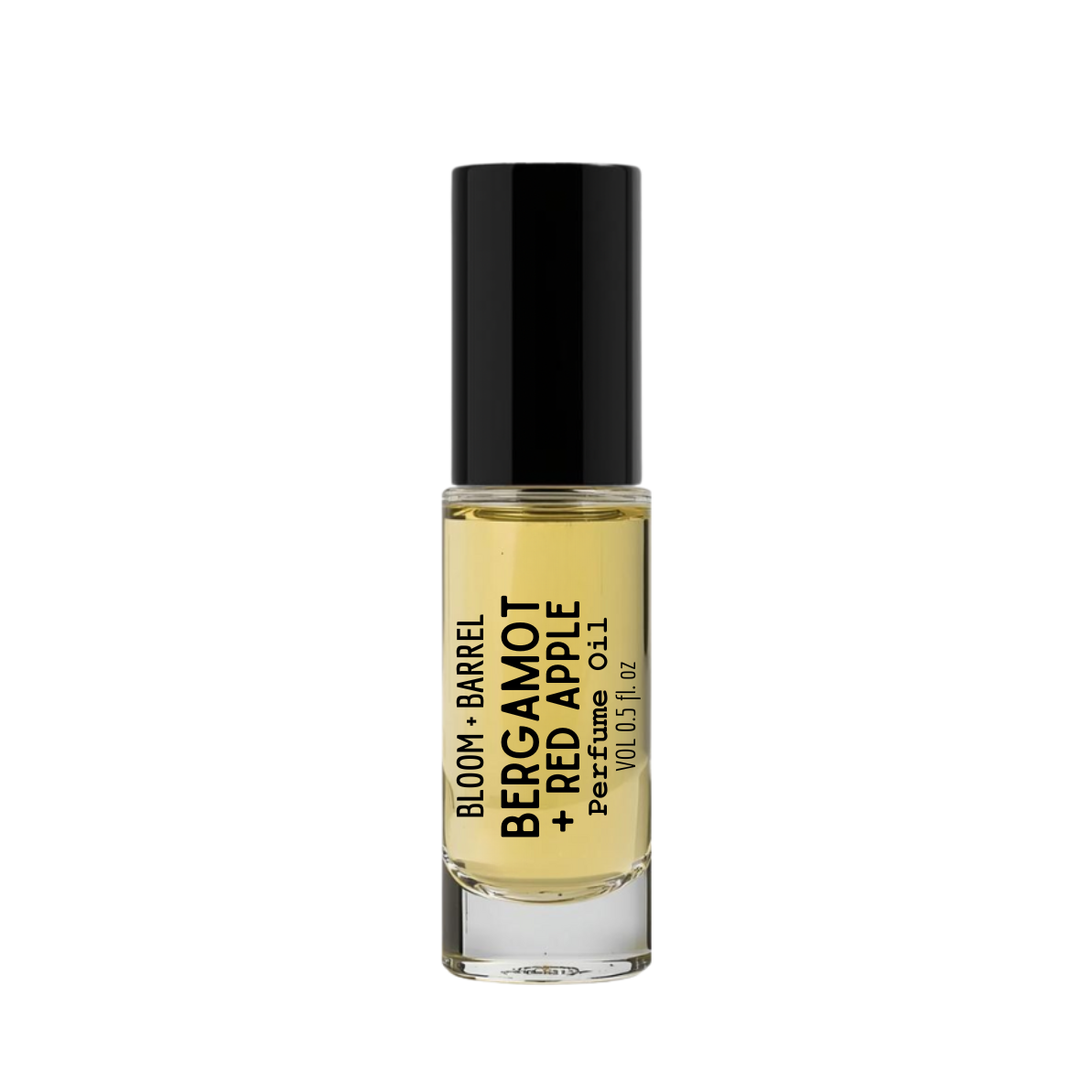Perfume bottle labeled 'Bergamot + Red Apple' on a white background