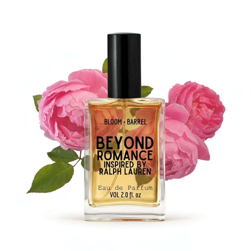 A bottle of Ralph Lauren Beyond Romance Eau de Parfum, featuring a clear glass bottle with golden-amber liquid, a black cap, and pink roses in the background on a white backdrop.