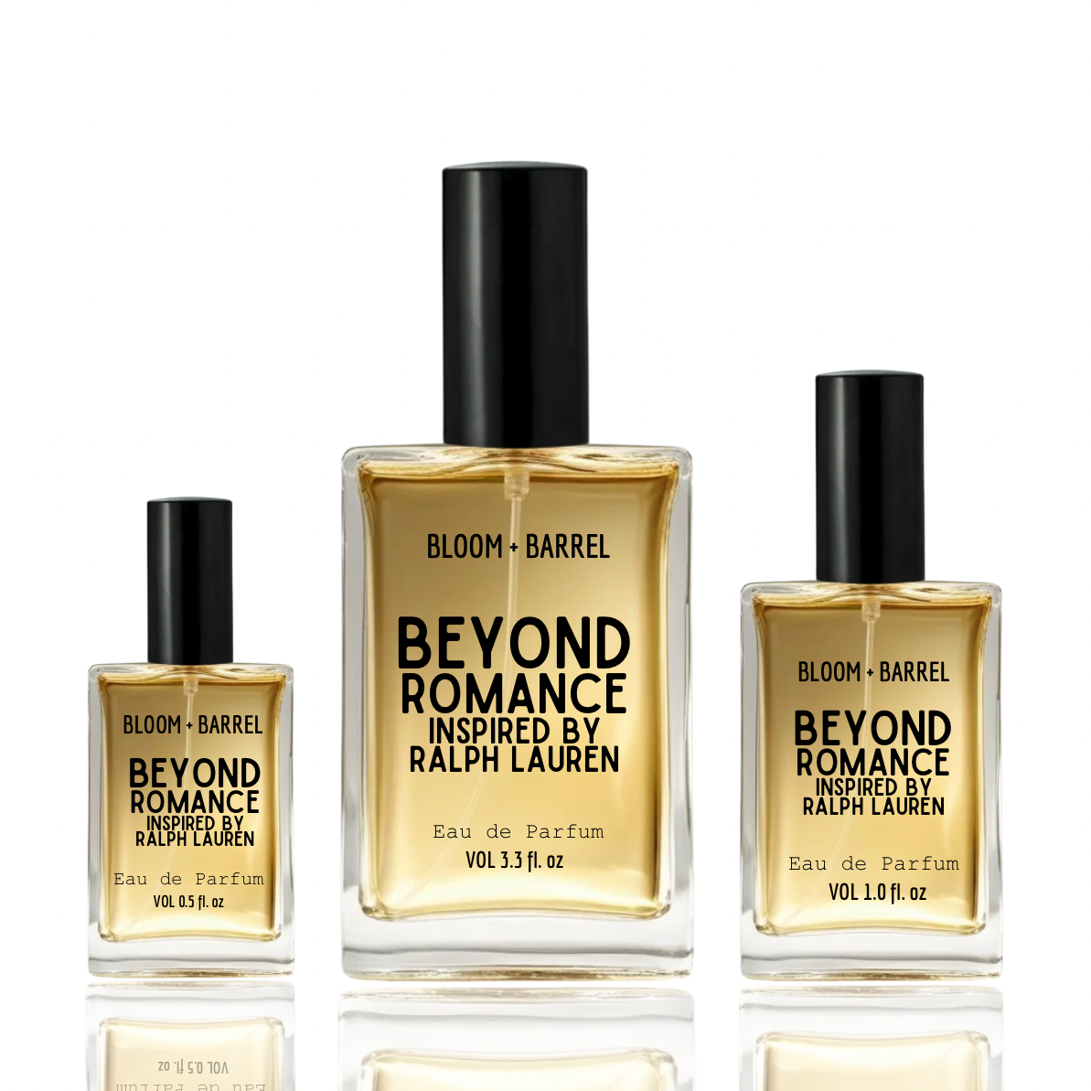 Three Beyond romance Eau de Parfum bottles in different sizes on a white reflective background. The center bottle is 5.