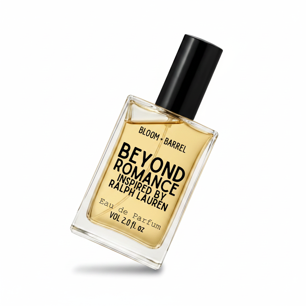 A bottle of Ralph Lauren Beyond Romance Eau de Parfum, featuring a clear glass bottle filled with golden-amber liquid, a black cap, and black text on the front label, set against a plain white background.