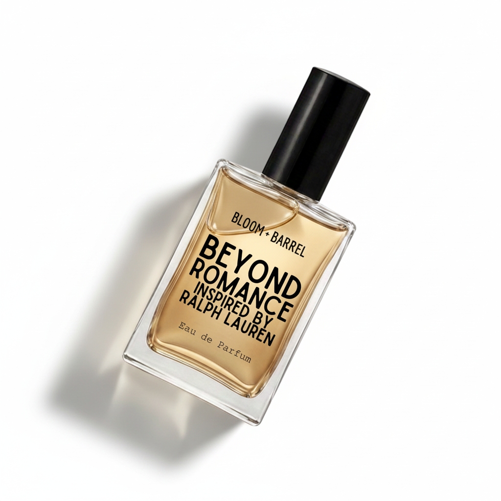 A rectangular glass bottle of Bloom Barrel Beyond Romance Eau de Parfum with a black cap, filled with amber-colored liquid, on a solid white background.