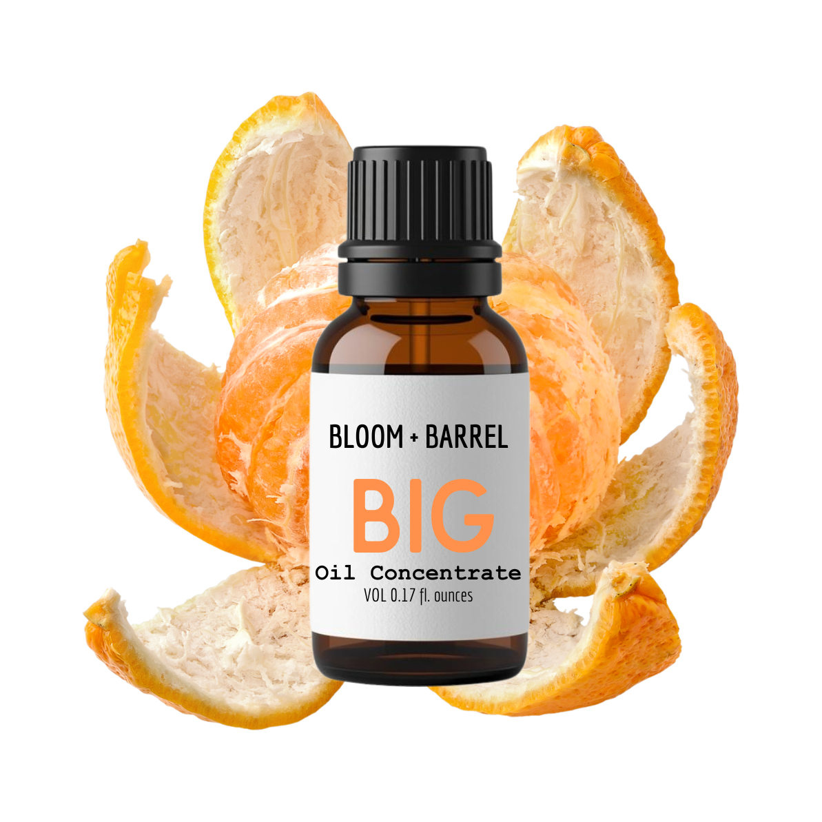 Bottle of Bloom & Barrel Big Oil Concentrate surrounded by orange peels on a white background