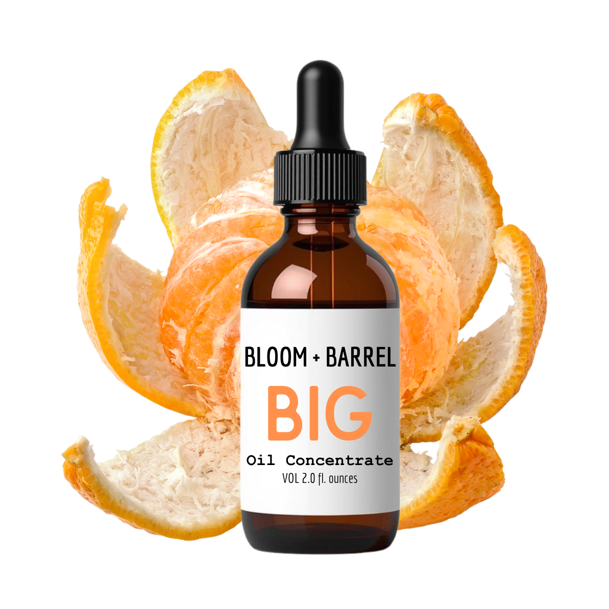 Bottle of Bloom + Barrel Big Oil Concentrate surrounded by orange peels on a white background
