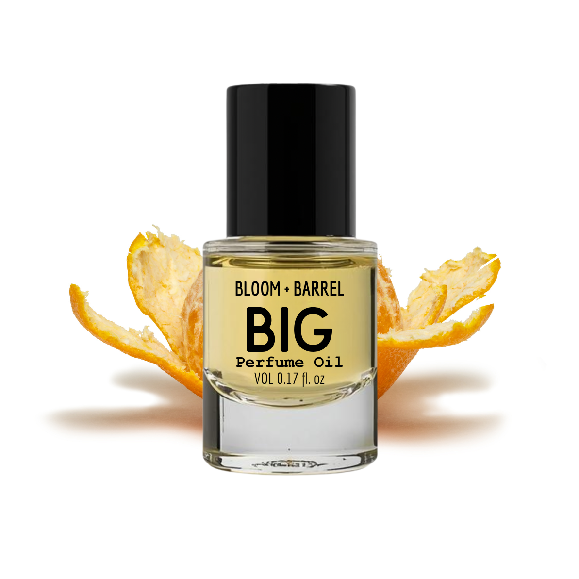 Perfume oil bottle labeled 'Bloom & Barrel Big' with orange peels on a white background