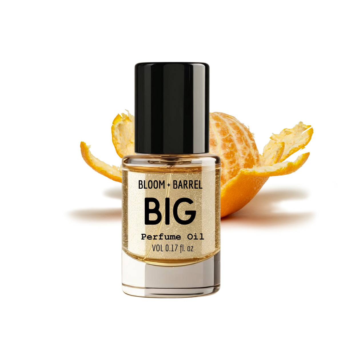 Perfume oil bottle labeled 'BIG' by Bloom & Barrel with an orange peel on a white background