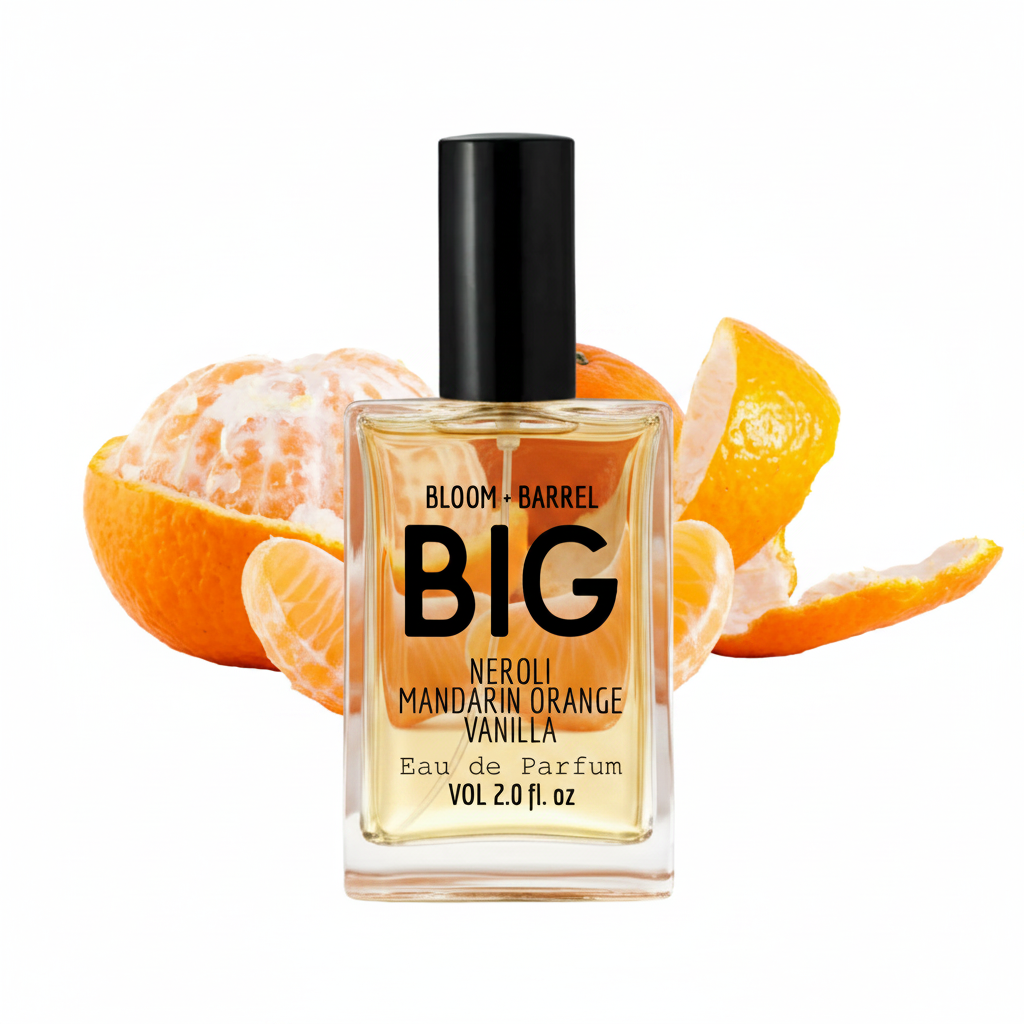 A bottle of Bloom + Barrel Big Neroli Mandarin Orange Vanilla Eau de Parfum, featuring a clear glass bottle with golden-yellow liquid, a black cap, and orange slices on a white background.