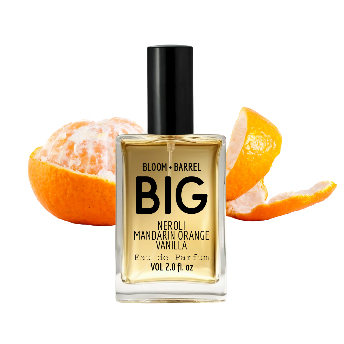 A bottle of Bloom + Barrel Big Neroli Mandarin Orange Vanilla Eau de Parfum, featuring a clear glass bottle with golden-yellow liquid, a black cap, and orange slices on a white background.