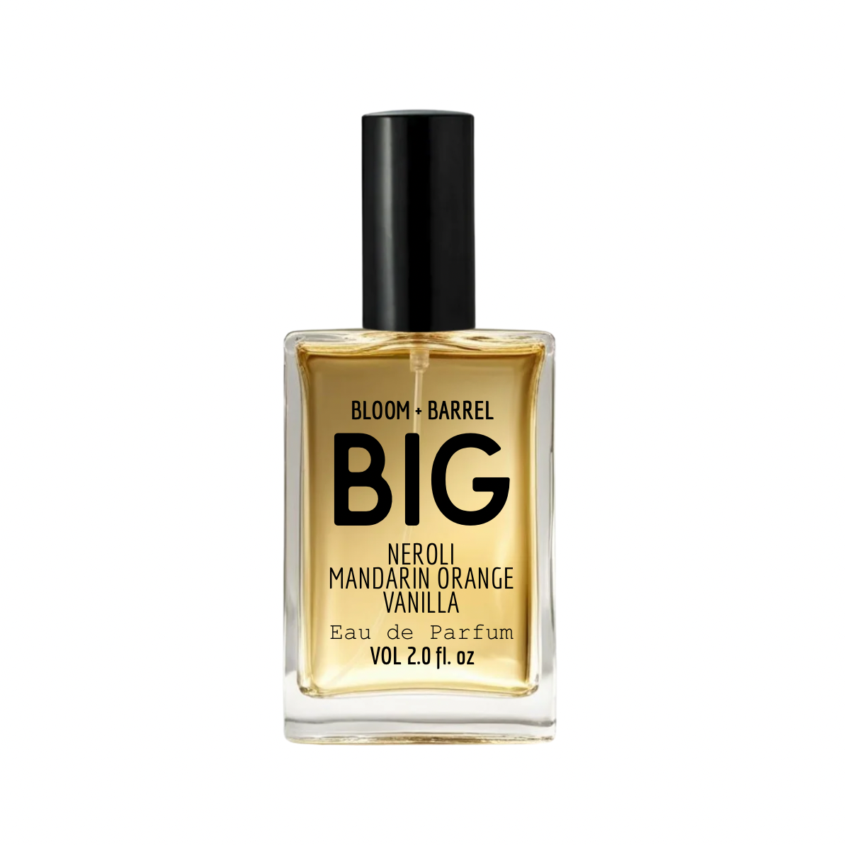 A rectangular glass bottle of Bloom + Barrel big Eau de Parfum with a black cap, filled with golden-amber liquid, on a plain white background.