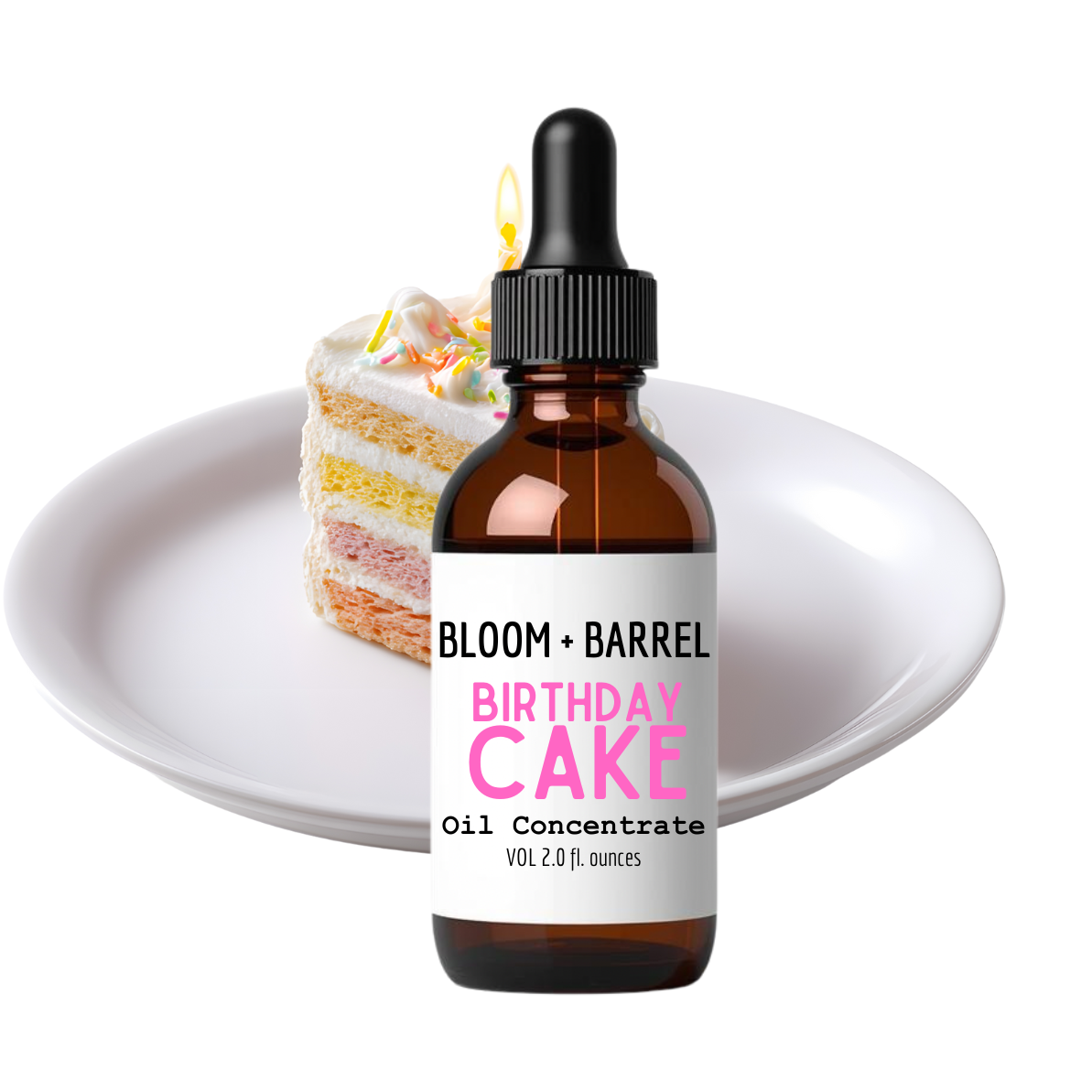 Bottle of Bloom + Barrel Birthday Cake oil concentrate with a slice of birthday cake on a white plate.