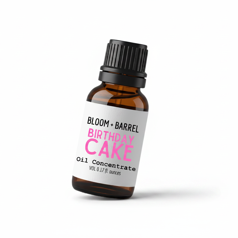 Bottle of Bloom & Barrel Birthday Cake oil concentrate on a white background