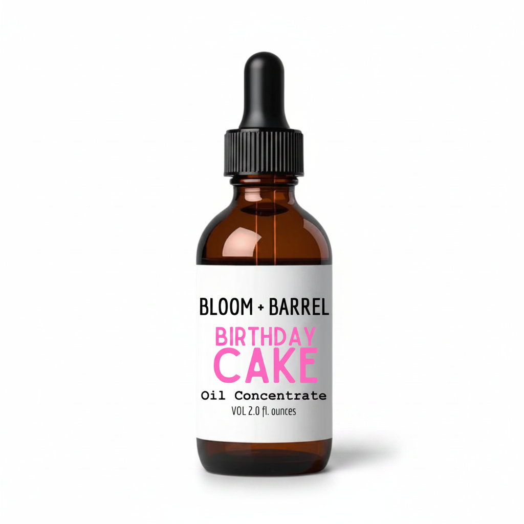 Bottle of Bloom + Barrel Birthday Cake oil concentrate on a white background