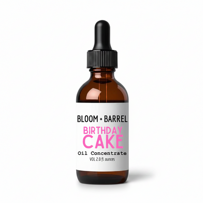 Bottle of Bloom + Barrel Birthday Cake oil concentrate on a white background