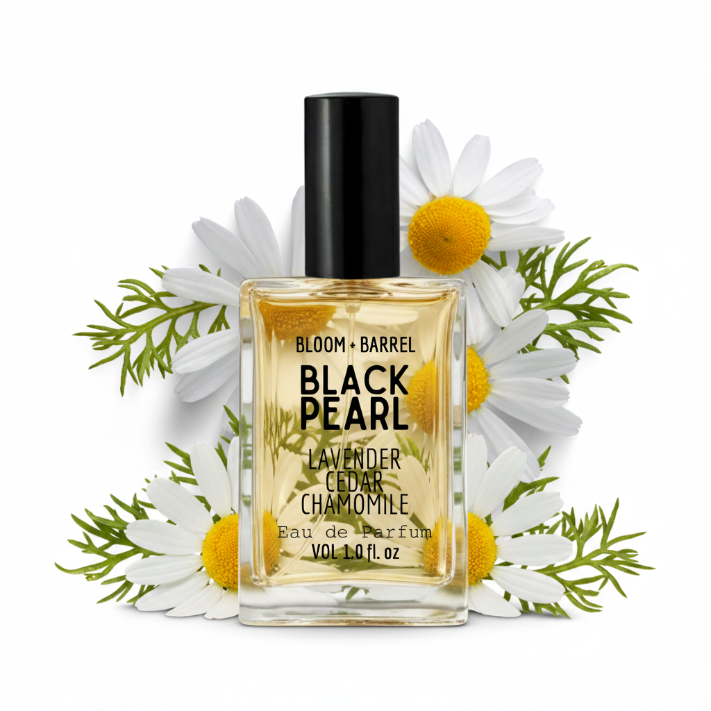 Perfume bottle labeled 'Black Pearl' with flowers on a white background