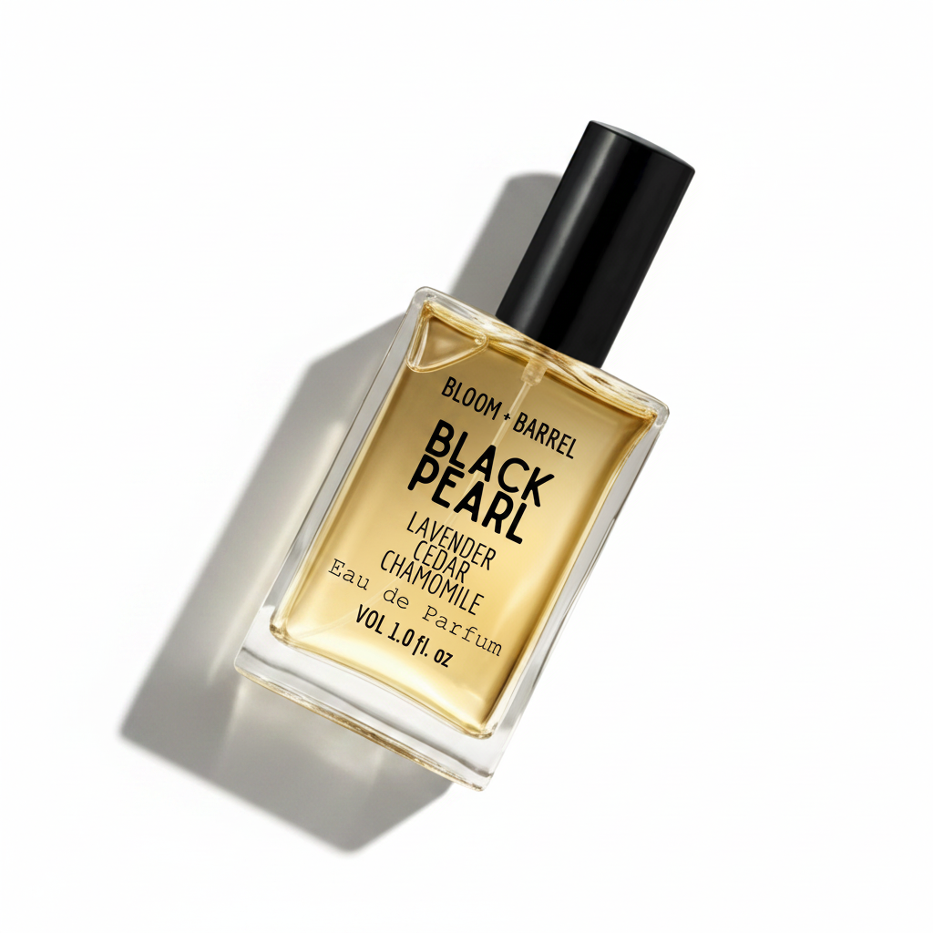 Bottle of Bloom & Barrel Black Pearl eau de parfum on a white background