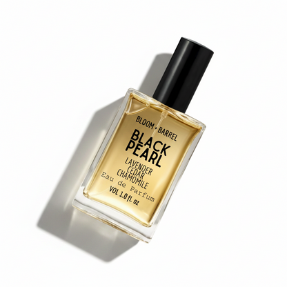 Bottle of Bloom & Barrel Black Pearl eau de parfum on a white background