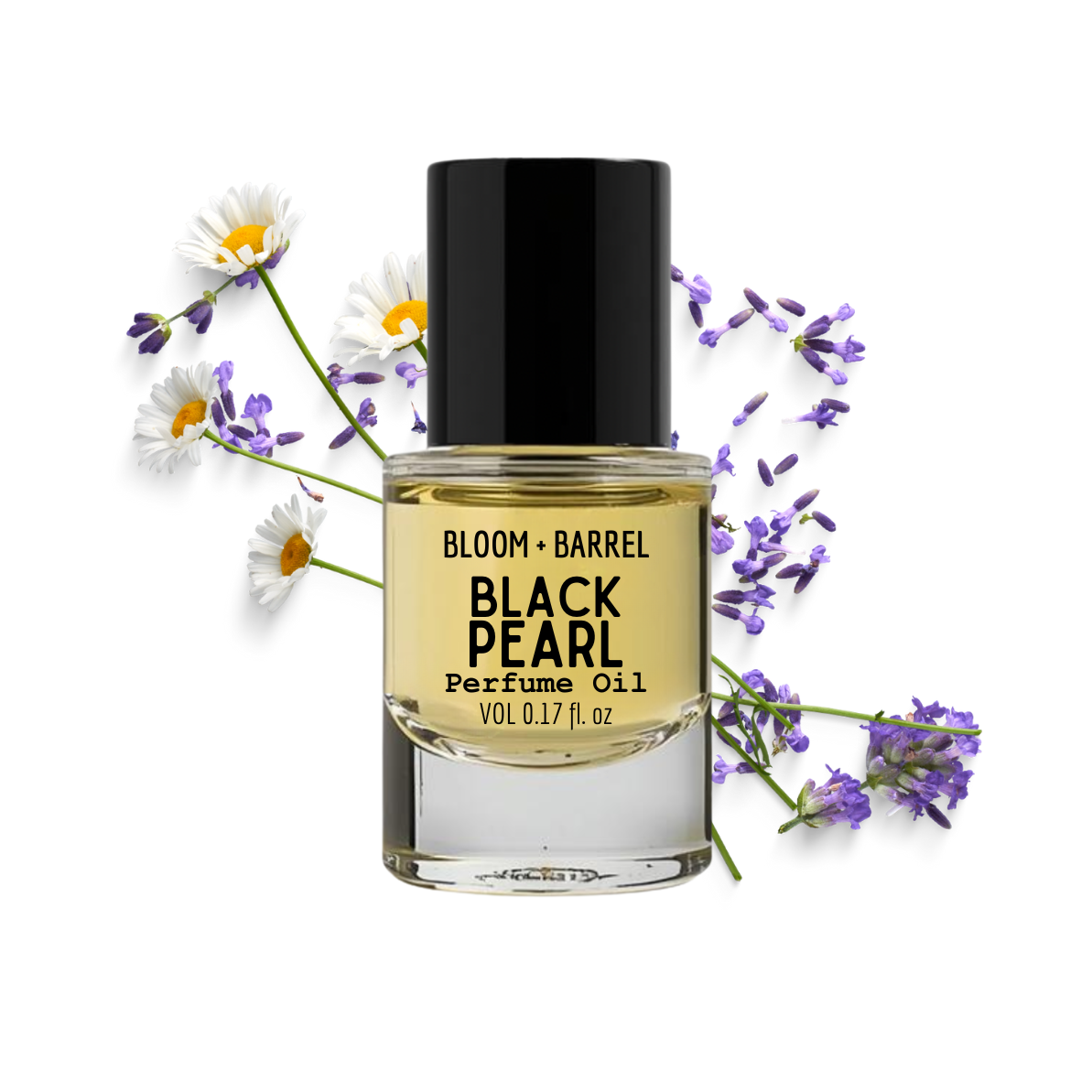 Bottle of Bloom & Barrel Black Pearl Perfume Oil with flowers on a white background