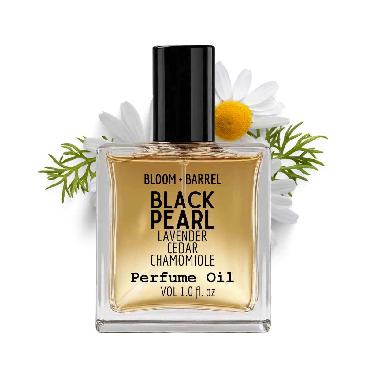Perfume oil bottle labeled 'Black Pearl' with floral elements on a white background
