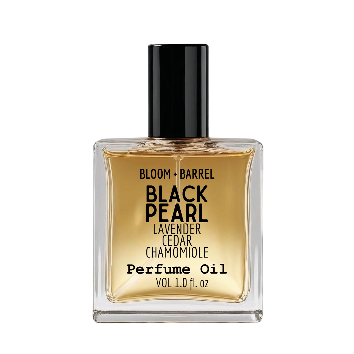 Perfume oil bottle labeled 'Black Pearl' by Bloom & Barrel on a white background