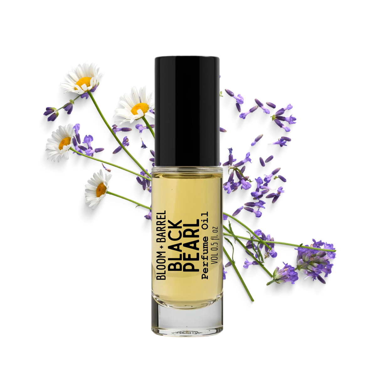 Perfume bottle labeled 'Black Pearl' by Bloom & Barrel with flowers on a white background