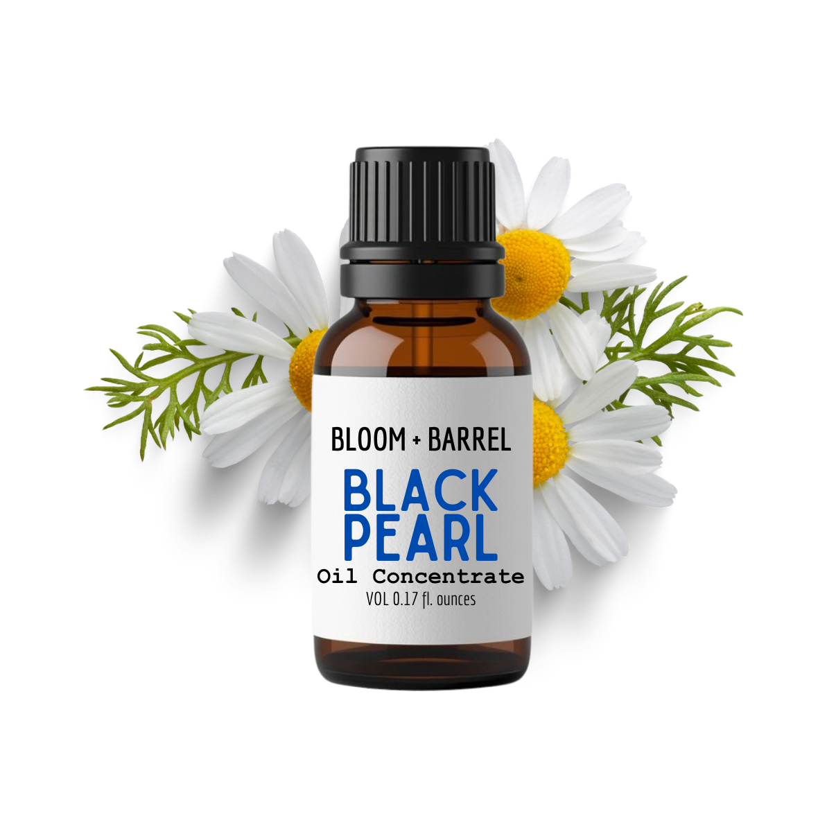 Bottle of Bloom & Barrel Black Pearl Oil Concentrate surrounded by flowers on a white background
