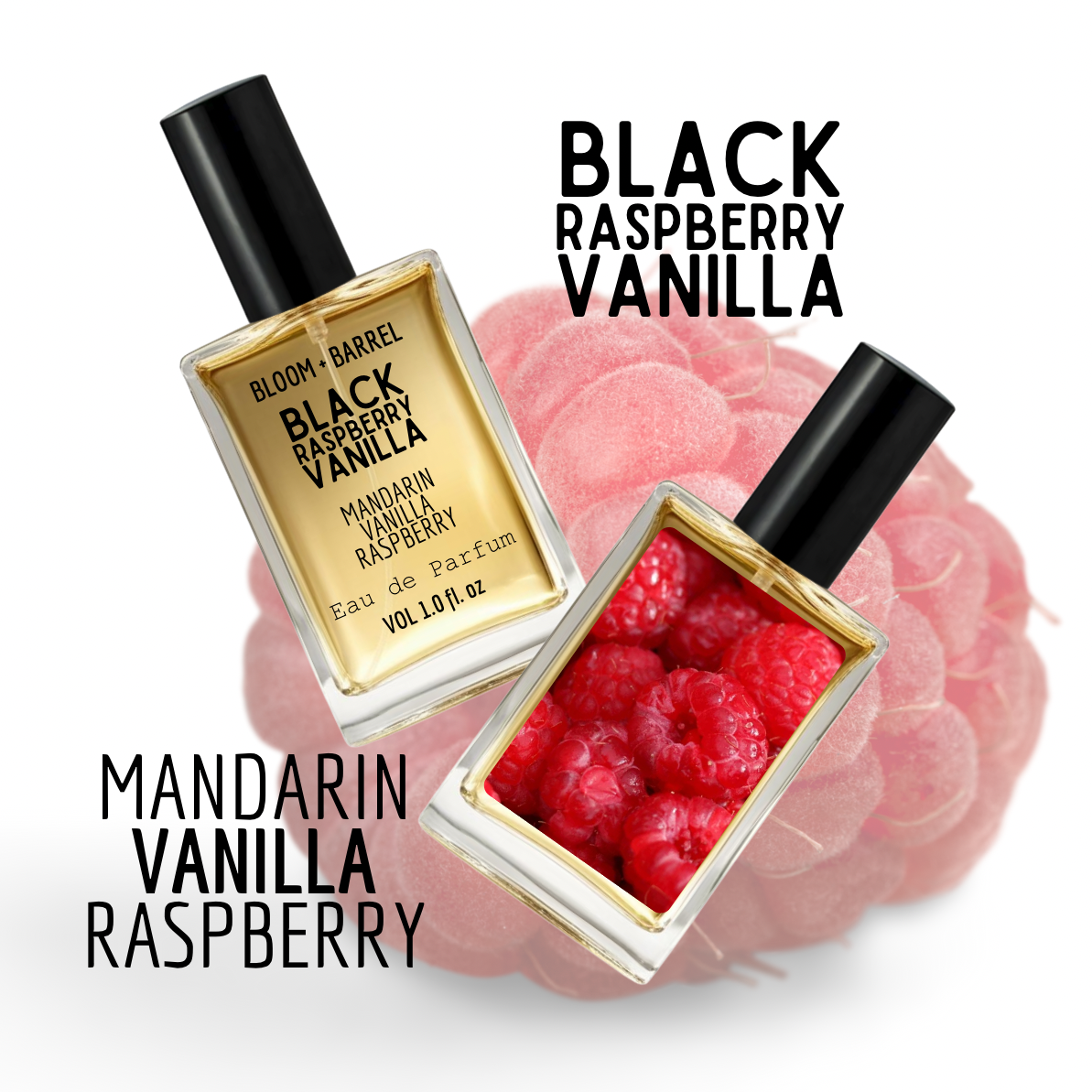 Two perfume bottles labeled 'Black Raspberry Vanilla' and 'Mandarin Vanilla Raspberry' with raspberry imagery on a white background.