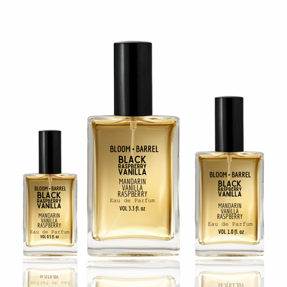 Three bottles of Bloom & Barrel Black Raspberry Vanilla Mandarin Vanilla Raspberry perfume on a white background