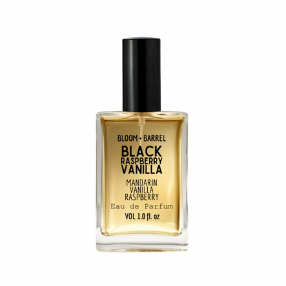 Perfume bottle labeled 'Black Raspberry Vanilla' by Bloom & Barrel on a white background