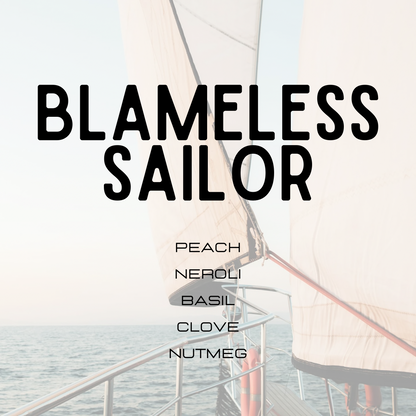 Sailboat with 'Blameless Sailor' text and fragrance notes on a light background