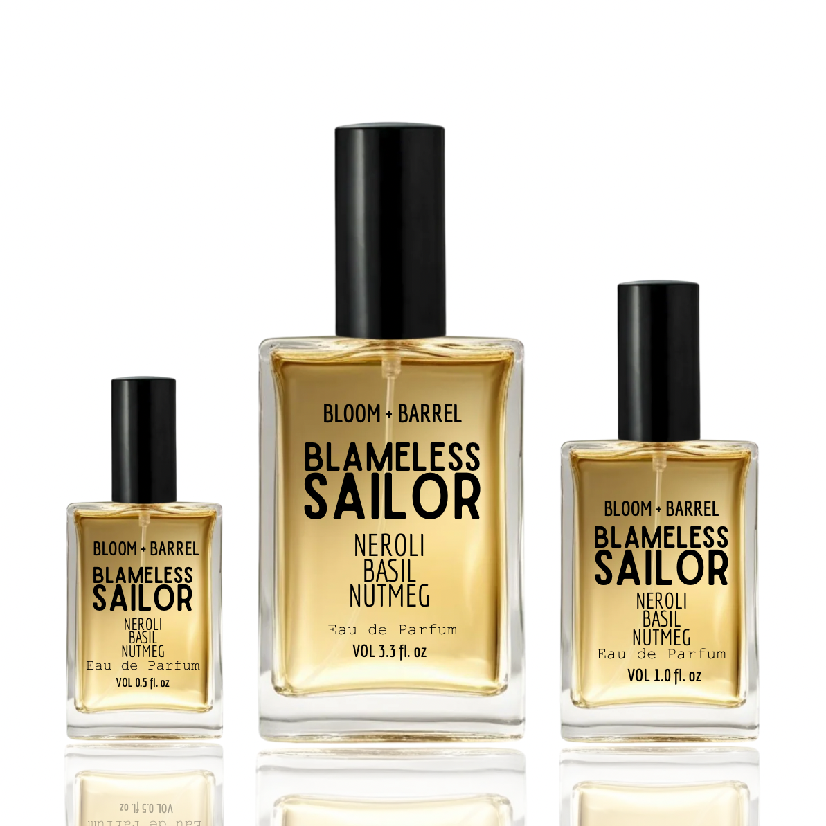 Three bottles of Bloom + Barrel Blameless Sailor Neroli Basil Nutmeg eau de parfum on a white background