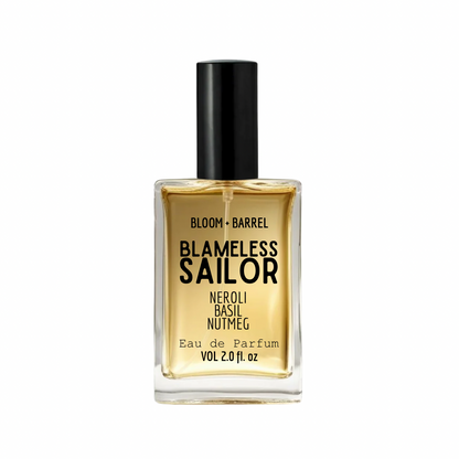 Perfume bottle labeled 'blameless sailor' by Bloom & Barrel on a white background