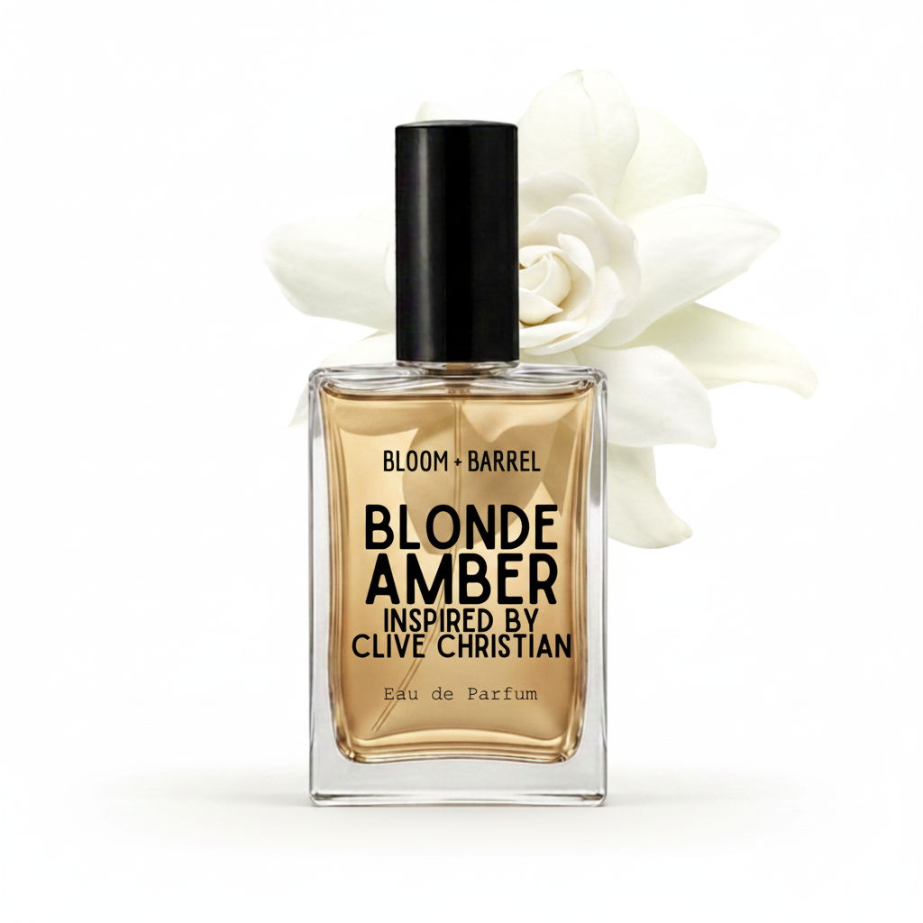 A rectangular glass perfume bottle with a black cap, filled with amber-toned fragrance, labeled 'BLOOM • BARREL BLONDE AMBER INSPIRED BY CLIVE CHRISTIAN Eau de Parfum.' A large white flower is placed behind the bottle on a clean white background.