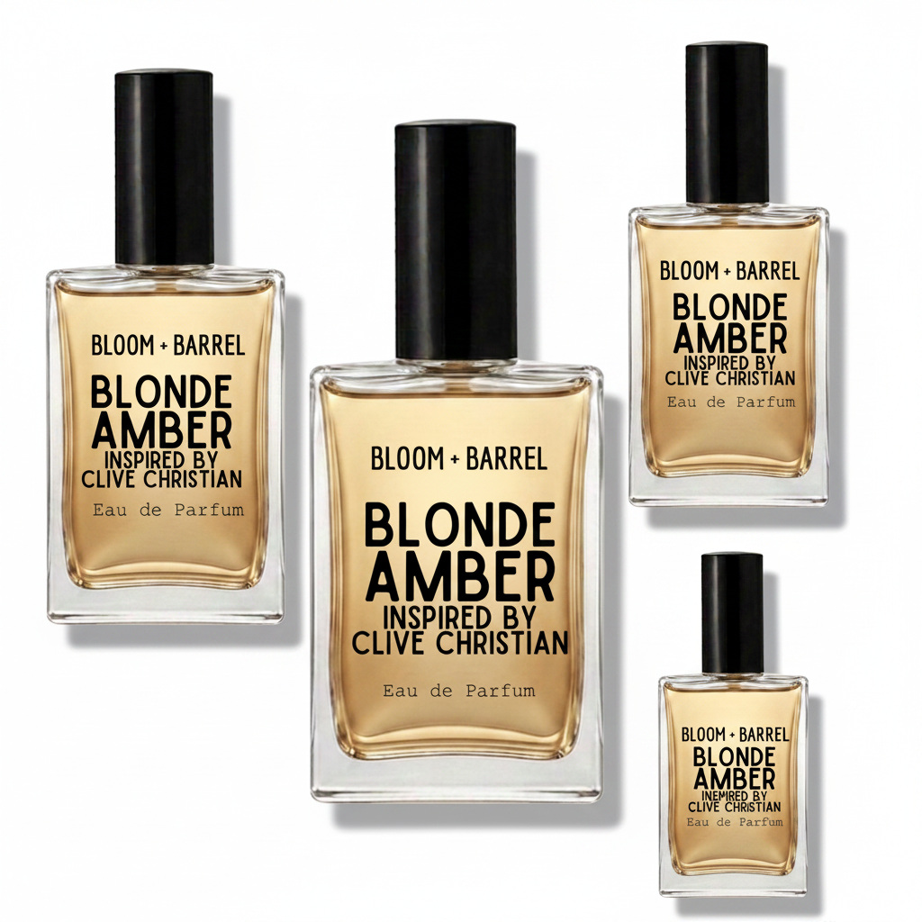 Four bottles of Bloom + Barrel Blonde Amber Eau de Parfum by Clive Christian arranged on a white background, with one large bottle in the center and three smaller bottles flanking it.
