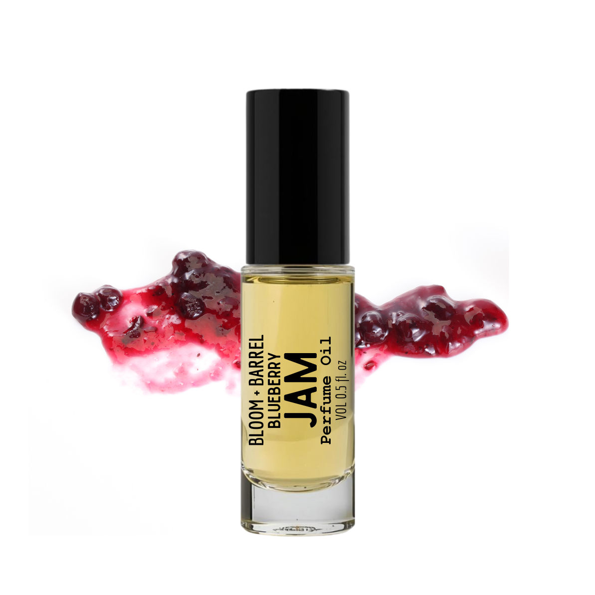 Perfume bottle labeled 'Bloom & Barrel Blueberry Jam' with blueberry graphics on a white background