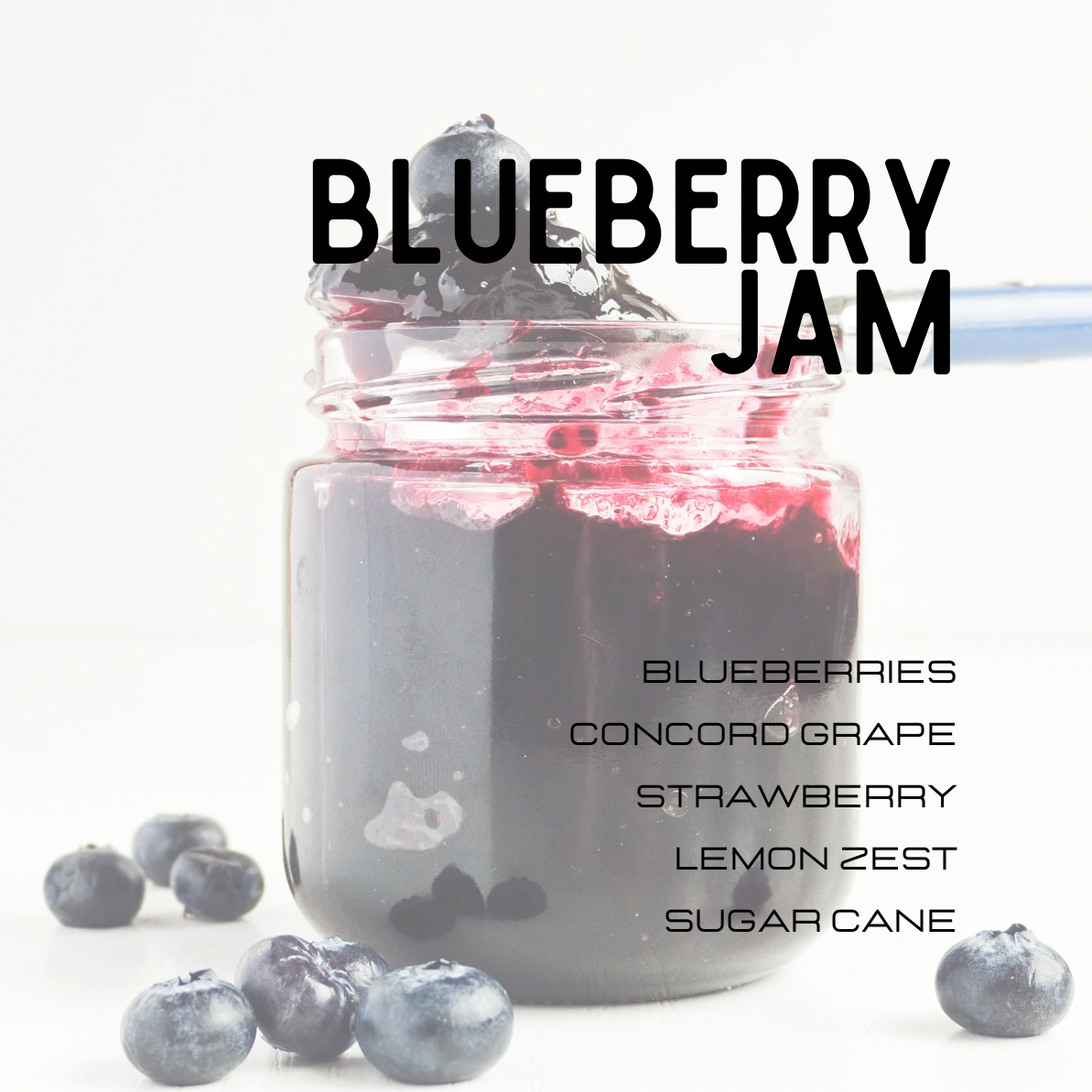 Jar of blueberry jam with blueberries around it on a white background