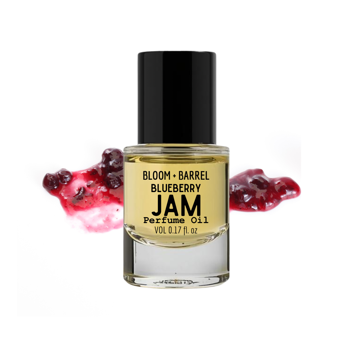 Perfume oil bottle labeled 'Bloom & Barrel Blueberry Jam' with blueberry graphics on a white background