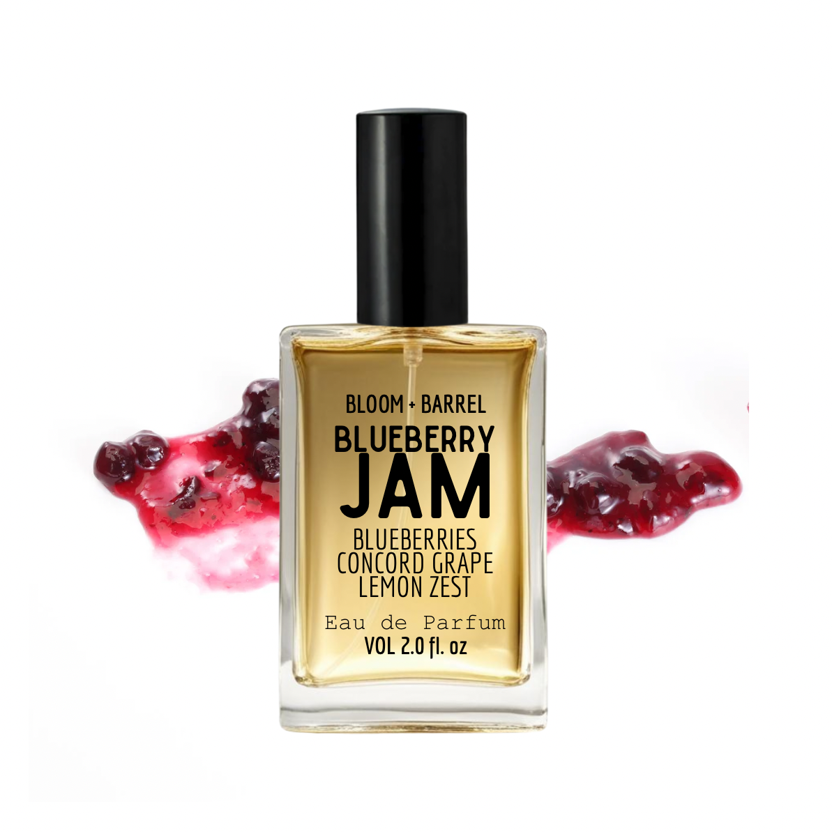 Perfume bottle labeled 'Blueberry Jam' with jam-like texture on a white background