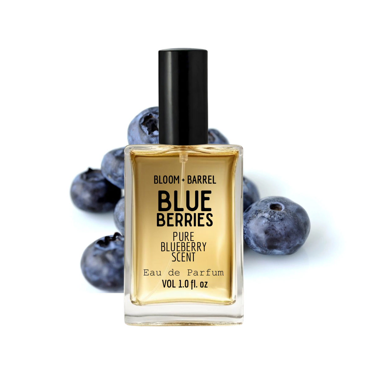 Perfume bottle labeled 'Blue Berries' with blueberries on a white background