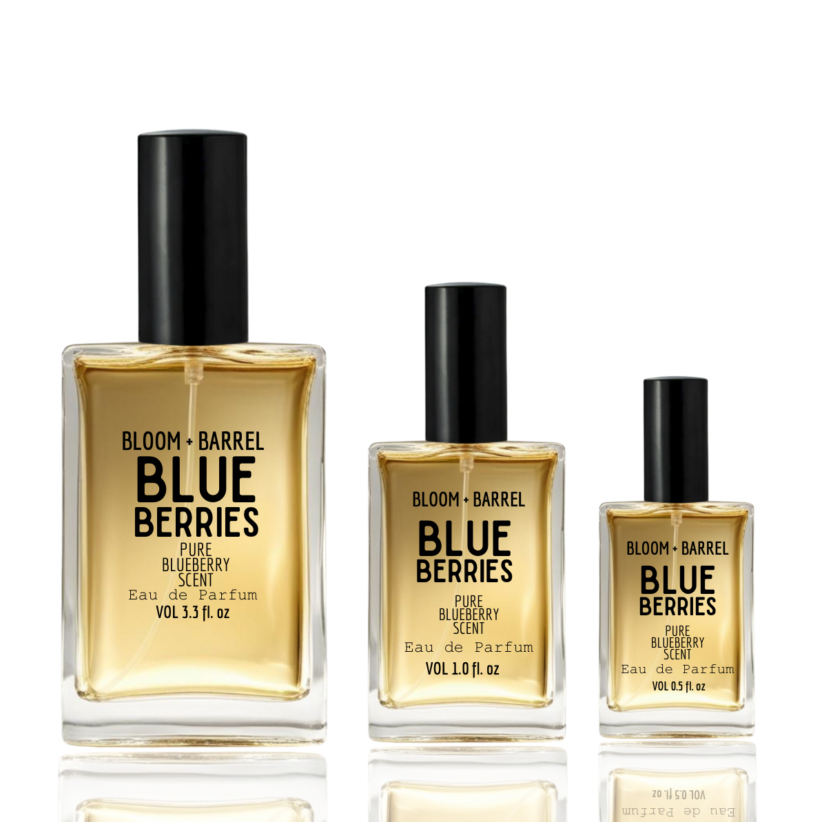 Three bottles of Bloom & Barrel Blue Berries perfume on a white background