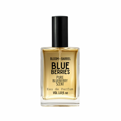 Perfume bottle labeled 'Blue Berries' by Bloom & Barrel on a white background