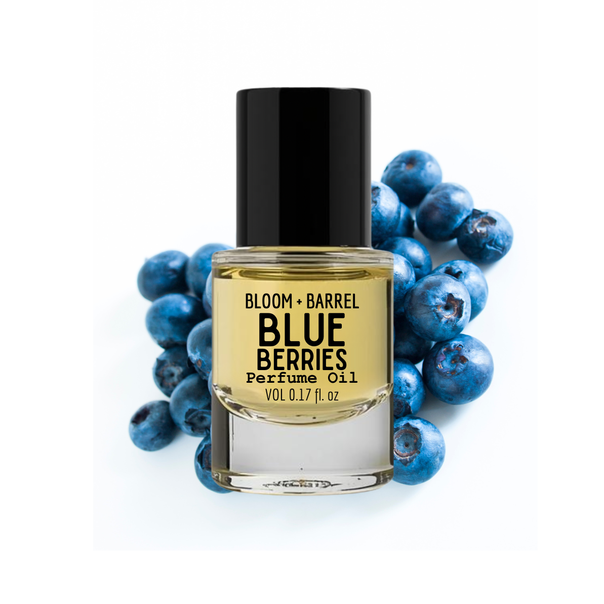 Perfume oil bottle labeled 'Blue Berries' surrounded by blueberries on a white background